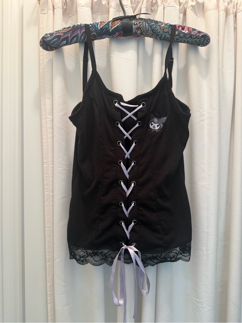Kuromi by Sanrio Black Lace-Up Lace Trim Camisole Top Size S